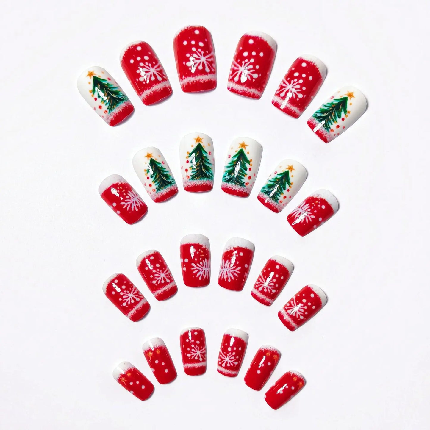 Medium Long Christmas Fake Nails – Square & Almond Tips with Tree, Snowflake & Snowman Designs