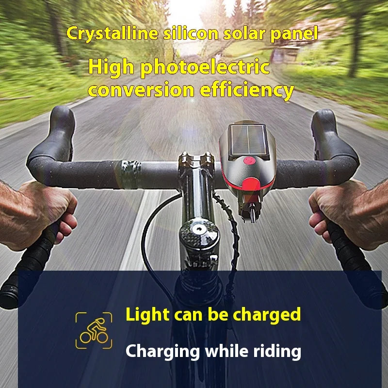 Solar Rechargeable Bicycle Headlight with Horn – USB Charging Bike Light for Mountain & Night Riding Outdoor Safety Lamp