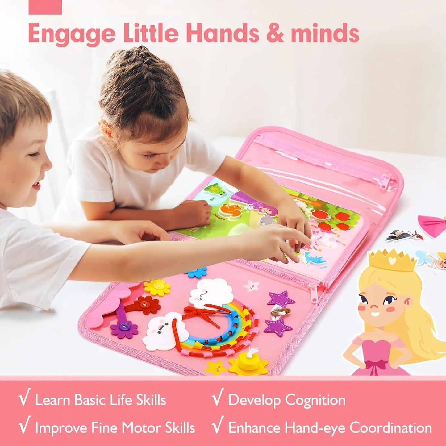 Toddler Montessori Busy Board – Dinosaur Dress-Up, Learning & Sensory Activities, Travel Toy & Life Skills Backpack