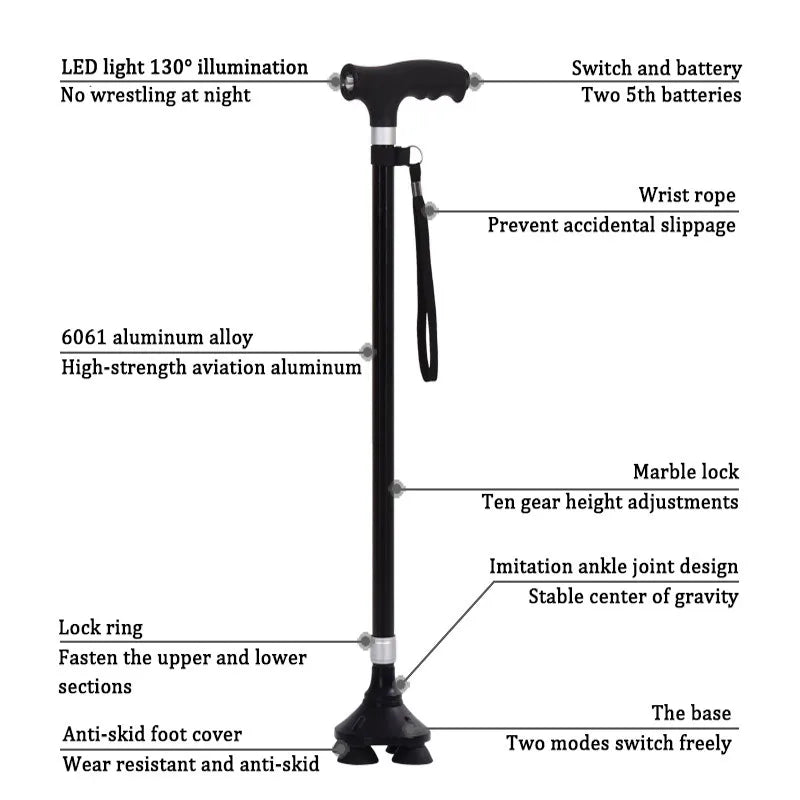 Non-Slip Retractable Walking Cane for Elderly – Aluminum Alloy Multifunctional Stick with LED Light for Seniors
