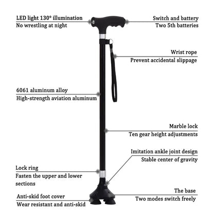 Non-Slip Retractable Walking Cane for Elderly – Aluminum Alloy Multifunctional Stick with LED Light for Seniors