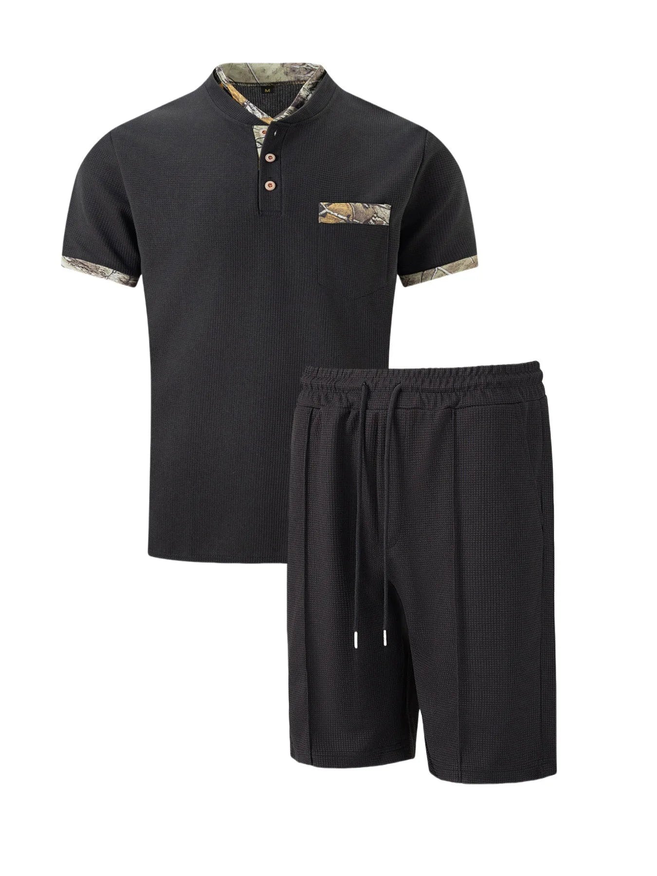 2025 Men's Summer Waffle Knit Short Set – Solid Color Zip-Up Lapel Shirt & Shorts | European & US Style