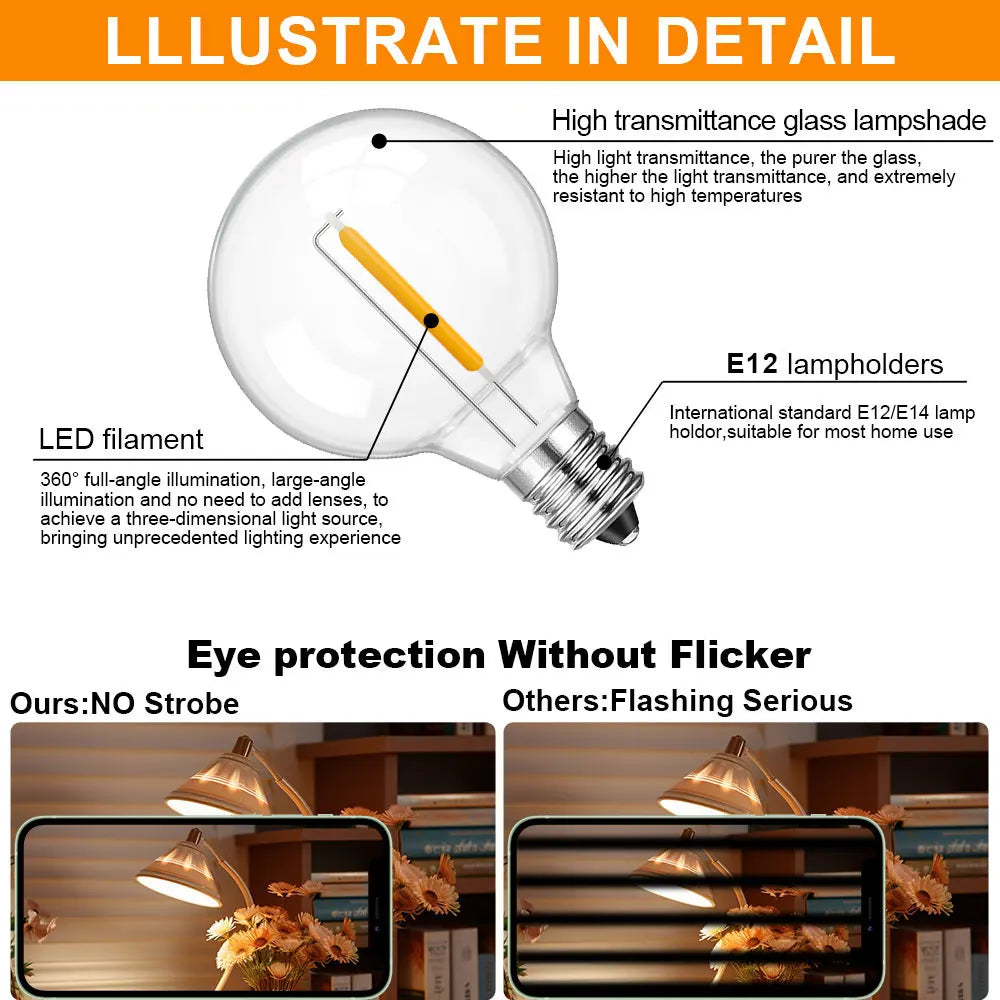 DC 12V E12 LED Globe Bulb 1W – Warm White G40 Low Voltage Solar String Light Replacement Bulbs for RV & Camping Interior Lighting