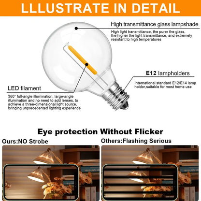 DC 12V E12 LED Globe Bulb 1W – Warm White G40 Low Voltage Solar String Light Replacement Bulbs for RV & Camping Interior Lighting