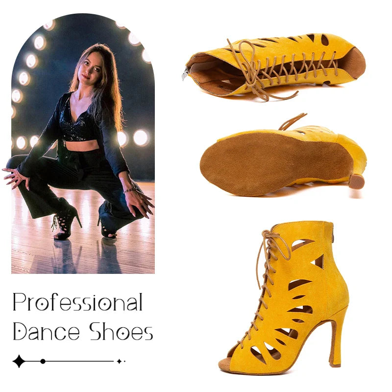 HROYL Women’s Latin Dance Shoes – Lace-Up Hollow Fish Mouth Jazz & Tango High Heels 6-10CM