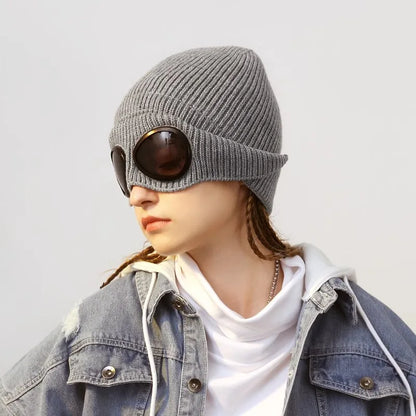 Winter Brimless Hat with Goggles: Unisex Solid Color Skull Knitted Headwear for Cold Weather