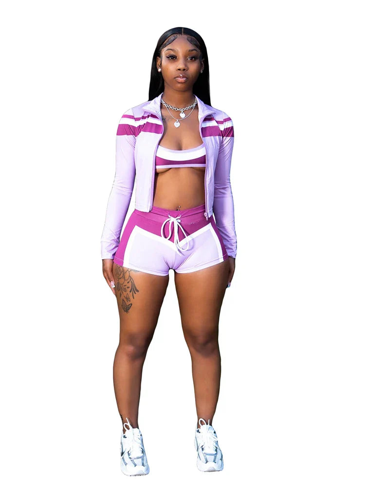 2025 Trending Women’s Summer 3-Piece Tracksuit – Color Block Sports Bra, Jacket & Shorts Gym Workout Set