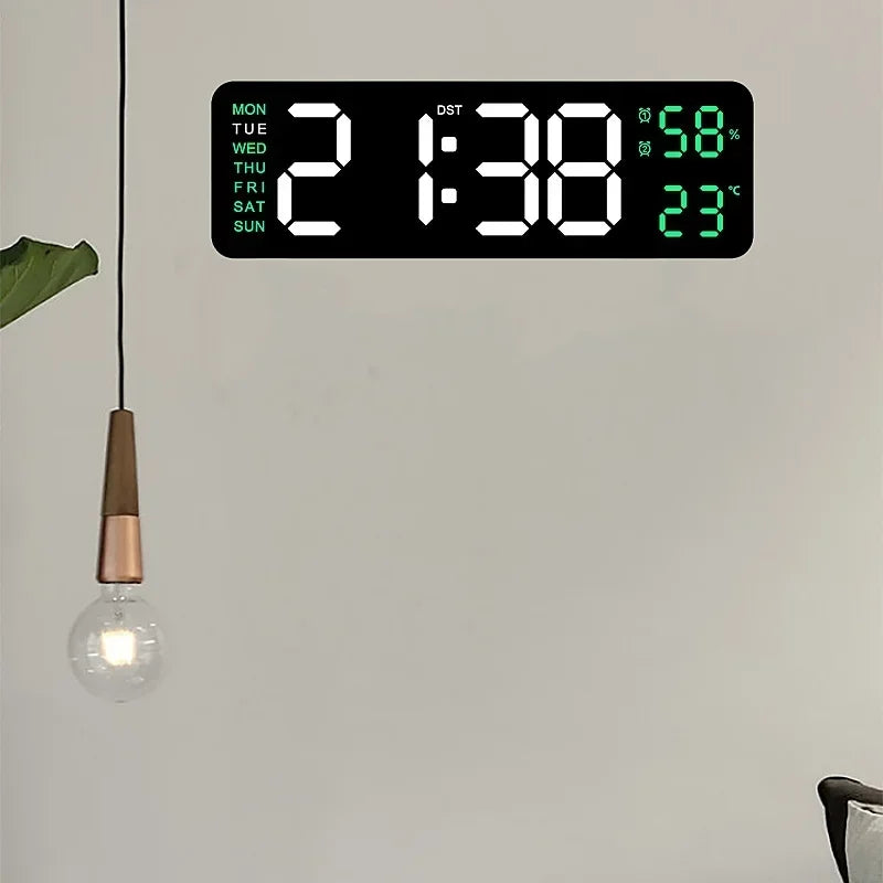 9-Inch Digital Wall Clock — USB Powered LED Table Clock with Temperature, Humidity, Week Display, Auto Dimmer, DST, 12/24H & Alarm