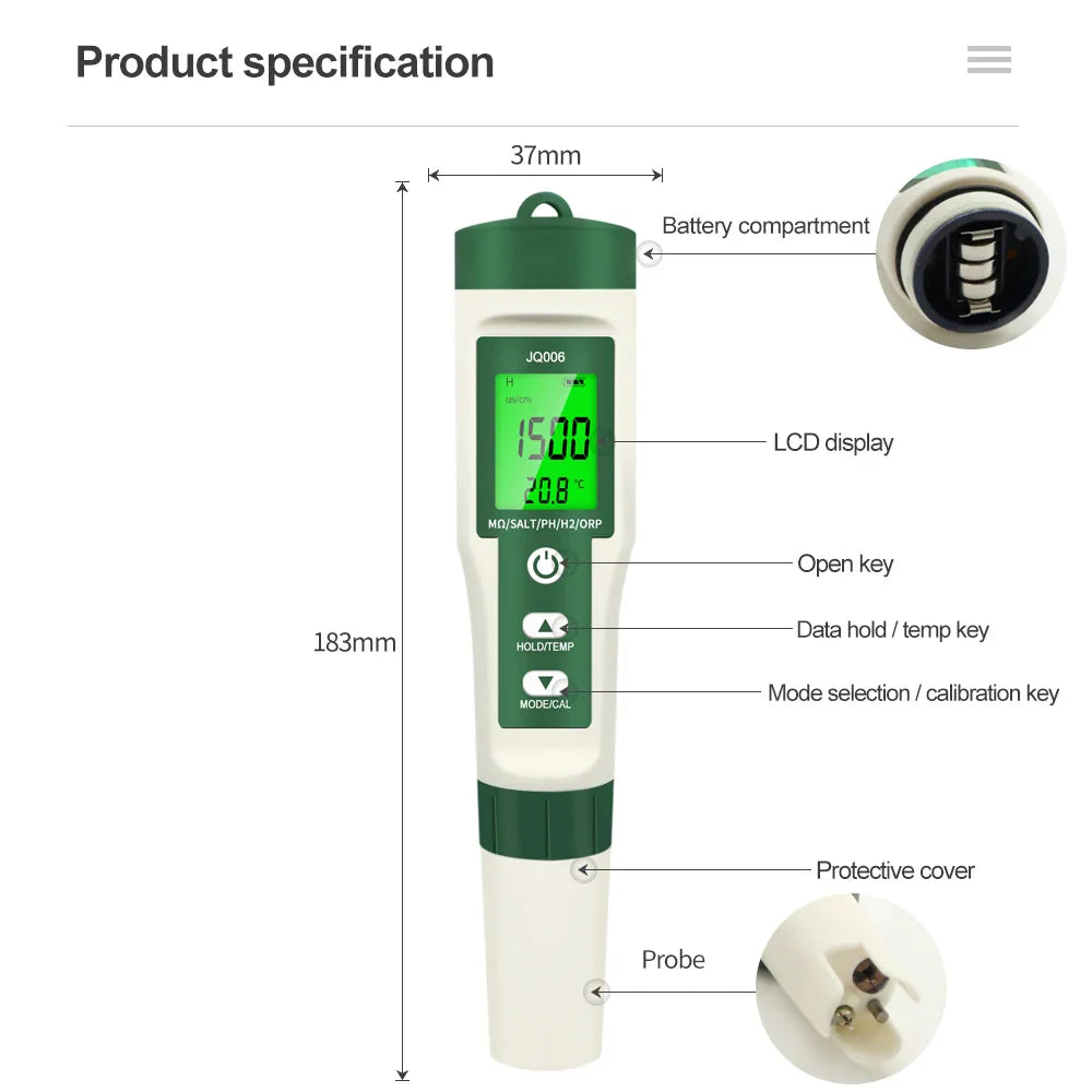 10-in-1 Digital Water Quality Tester — pH/EC/TDS/ORP/H₂/Fertility/Salinity/SG/Resistivity/Temp Meter for Aquariums, Pools & Hydroponics