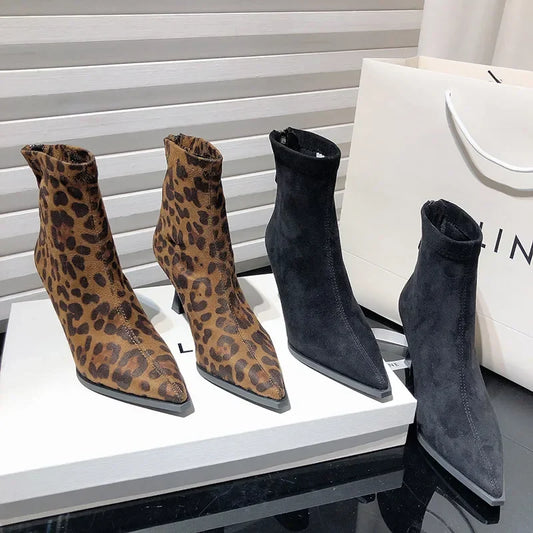 Leopard Print Women’s Ankle Boots – Fashionable High Heel Short Booties, Elegant Dancing & Party Prom Shoes