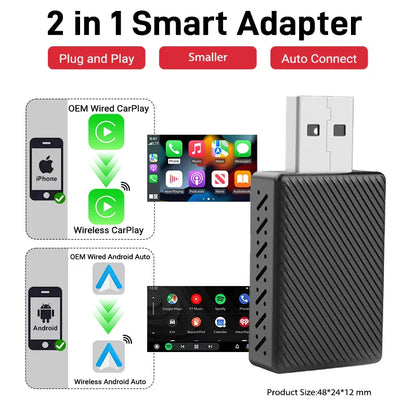 2025 Wired to Wireless CarPlay 2 in 1 Mini Adapter – Android Auto Smart Box, Plug & Play, OTA Update, Universal Compatibility