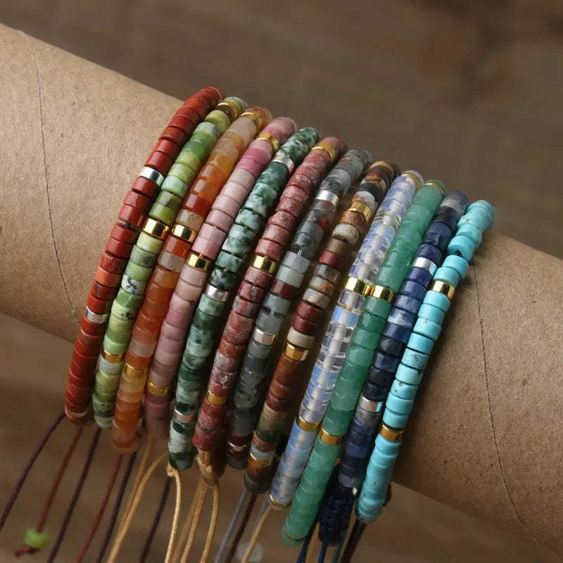 Natural Blue Emperor Stone Beaded Bracelet – Polished Block Beads, Adjustable Woven Rope Women’s Gift Jewelry