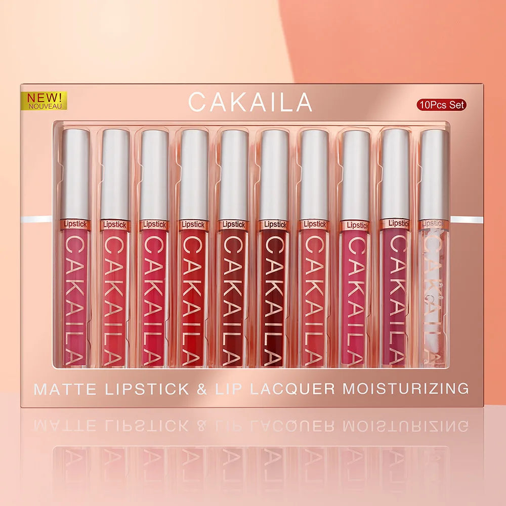 CAKAILA 10-Piece Nude Matte Lip Gloss Set – Waterproof Velvet Liquid Lipstick & Moisturizing Lip Tint for Women