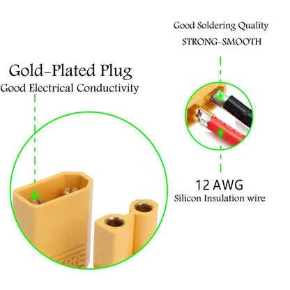 XT60 12AWG Parallel Battery Connector Cable – Male/Female Dual Extension 40CM/60CM Silicone Wire for RC Battery & Motor