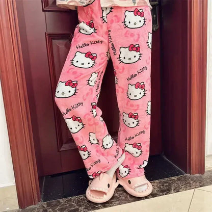 Thick Hello Kitty Fleece Pajama Pants – Soft Double Elastic Anime Trousers for Women, Cute Sanrio Birthday Gift