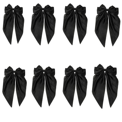 8 Ladies Satin Ribbon Bow Hair Clips – Oversized White, Pink, Red, Blue, Black Long Tail, Spring Clip for Ponytail Hair Accessories