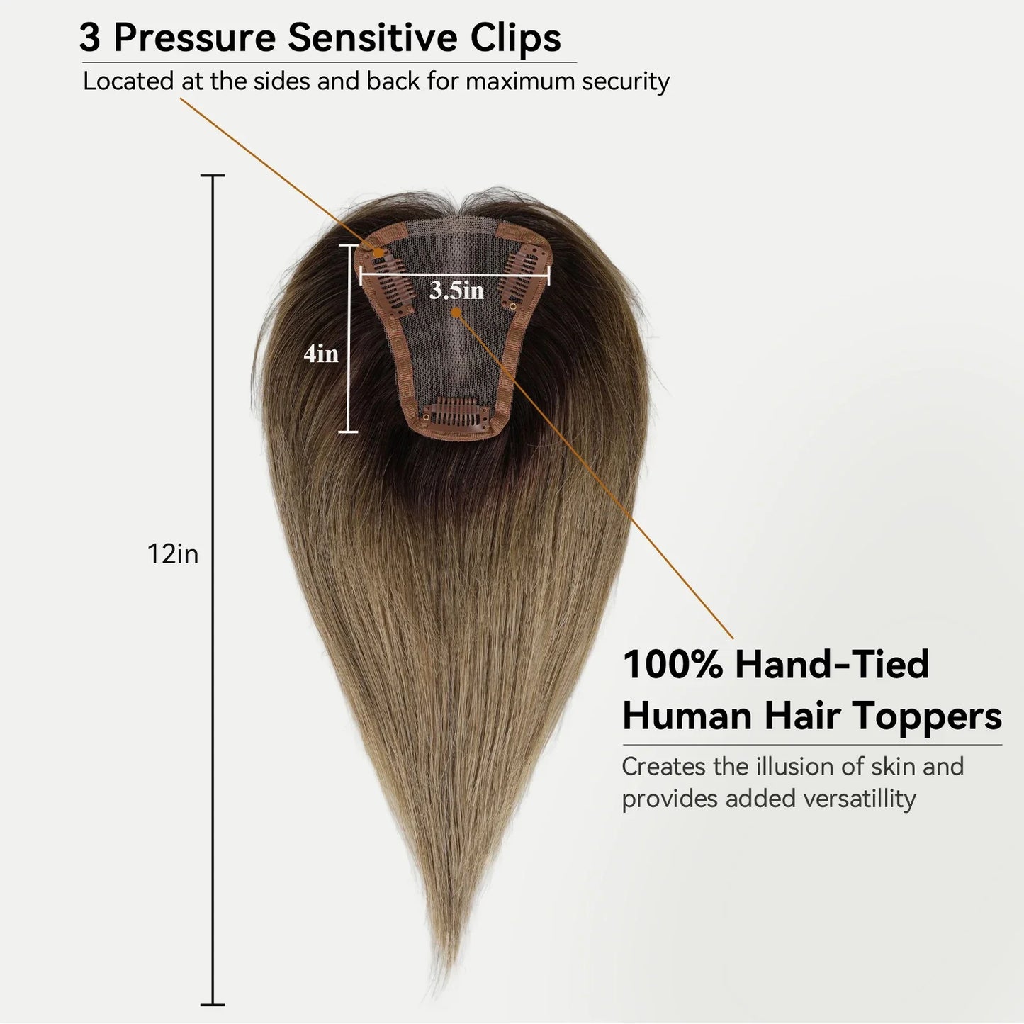 Ombre Blonde Brown 100% Remy Human Hair Topper – Silk Base Clip-In Extension for Women with Hair Loss, 12 Inch