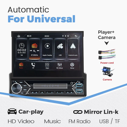 Carplay Android Auto 1 Din MP5 Player - 7 Inch Retractable Touch Screen, FM Radio, Mirror Link, Manual & Automatic Car Player
