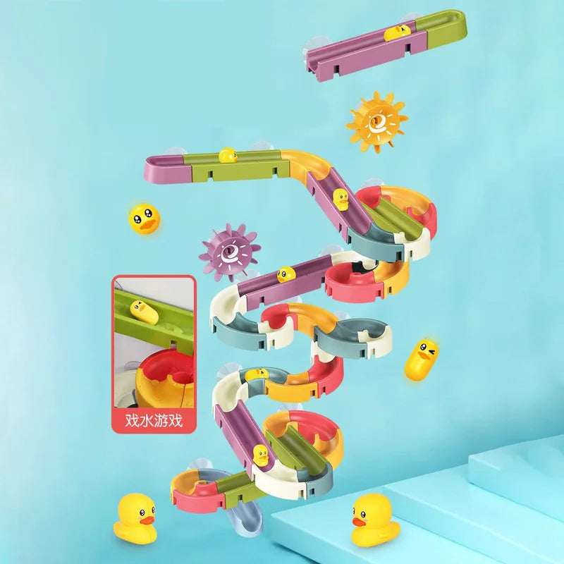 Baby Duck Bath Track Toy Set - DIY Stackable Marble Slide Water Game Toy for Kids Bathtub Fun Gift