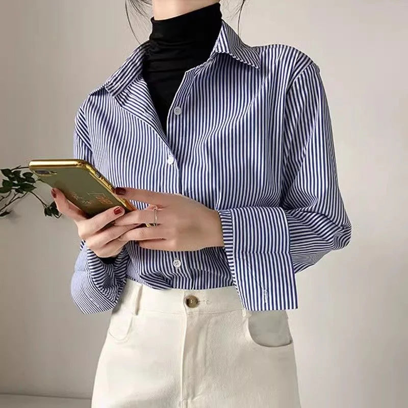Classic Striped Women’s Blouse — Spring & Autumn Long Lantern Sleeve Shirt with Stand Collar