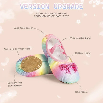 Girls Ballet Dance Shoes — Rainbow Bow Sequin Leather Soft Sole Flats for Performance & Practice