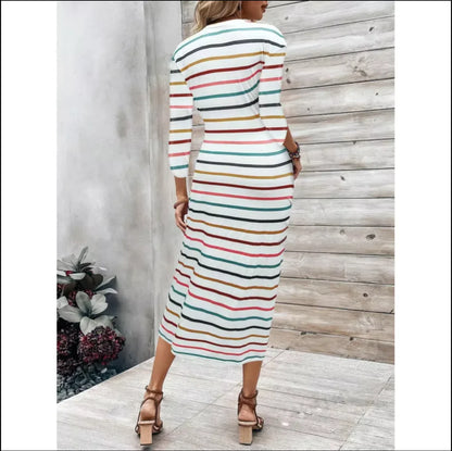 Women’s 2026 European American Stripe Print Dress – Crew Neck Lace-Up Tunic Loose Fit Fashionable Dress