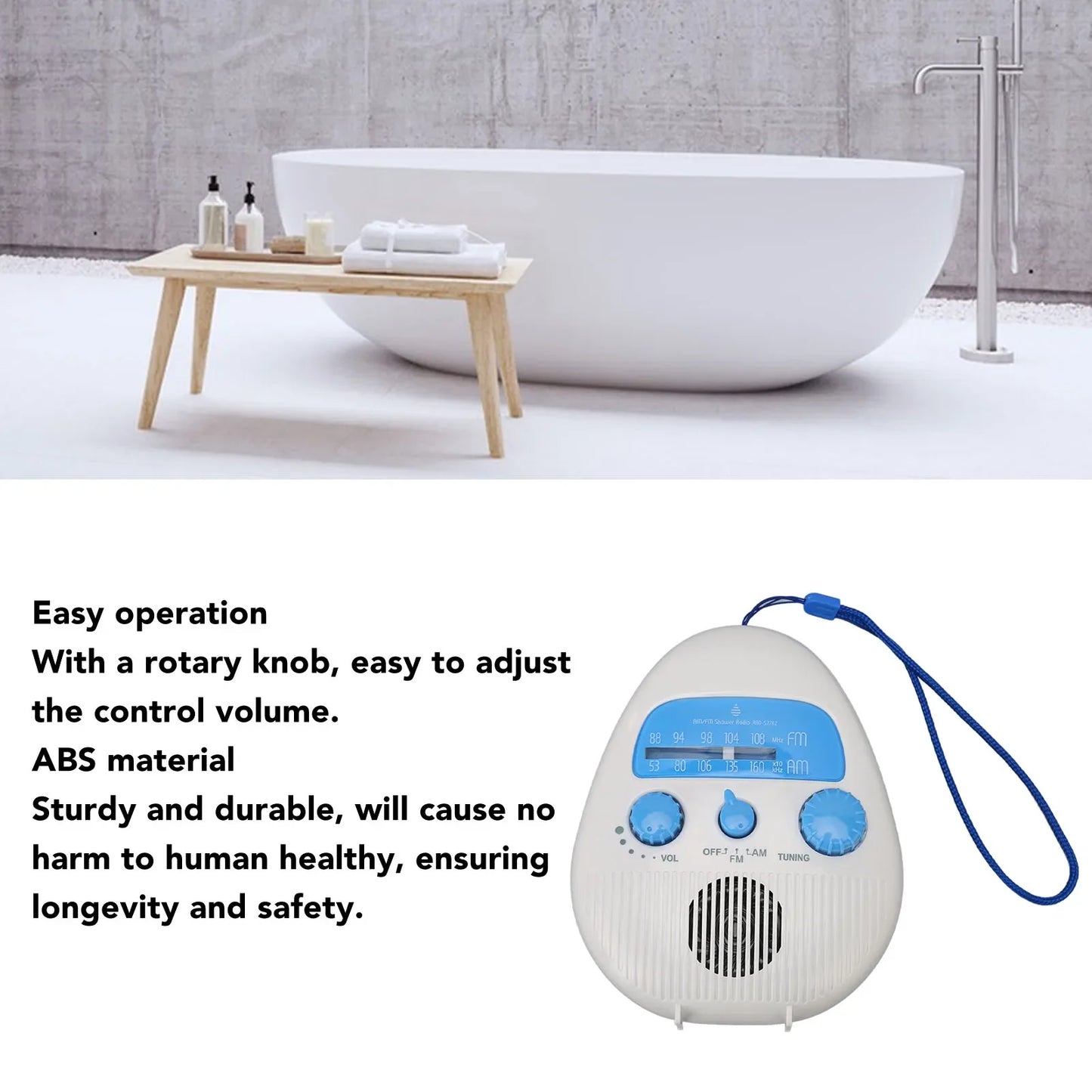 Waterproof AM/FM Shower Radio – Portable Bathroom Radio with Built-In Speaker and Battery Operation