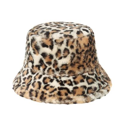 Women’s Winter Bucket Hat – Fashion Leopard Panama, Warm Vintage Faux Fur Fisherman Cap
