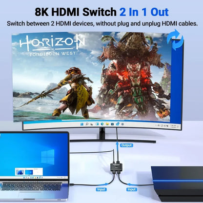 8K 60Hz HDMI Switch Splitter - Bi-Directional 1x2/2x1 HDMI Switcher Adapter for PS4, TV Box, and Switch