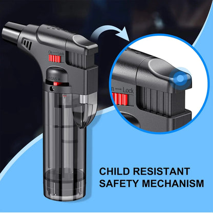 Jet Flame Torch Lighter — Refillable Butane Gas Lighter with Visible Fuel Tank, Windproof & Adjustable Flame for Kitchen