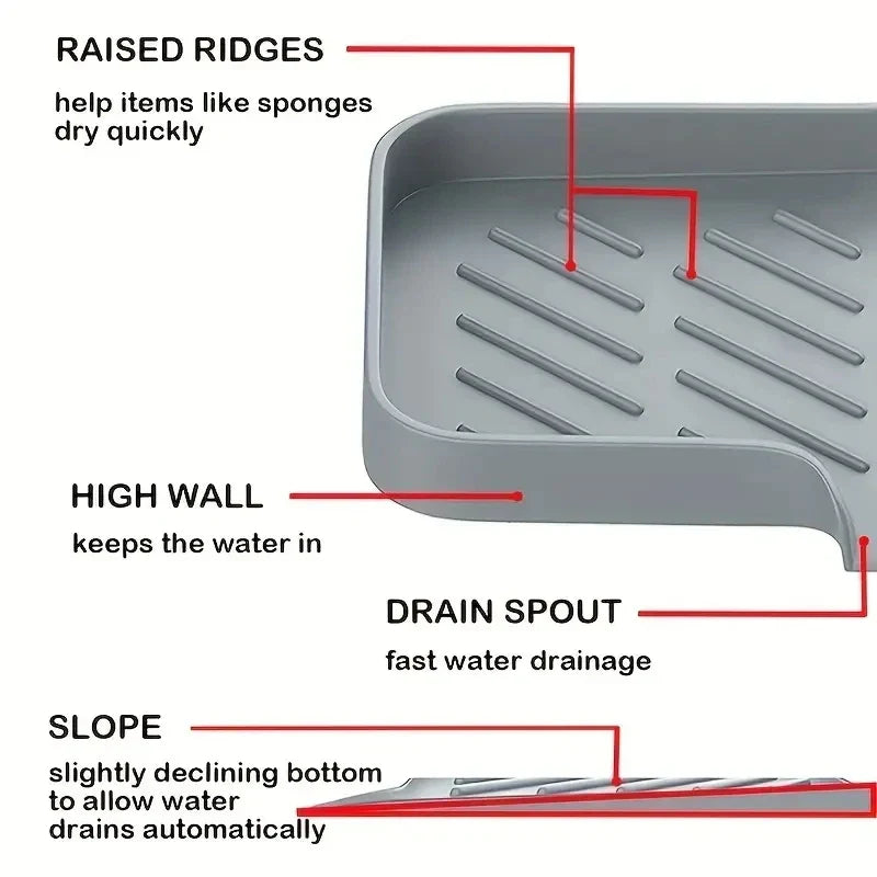 Sink Silicone Tray with Drain – Soap & Sponge Holder, Countertop Scrubber Brush Storage Rack, Kitchen Organizer