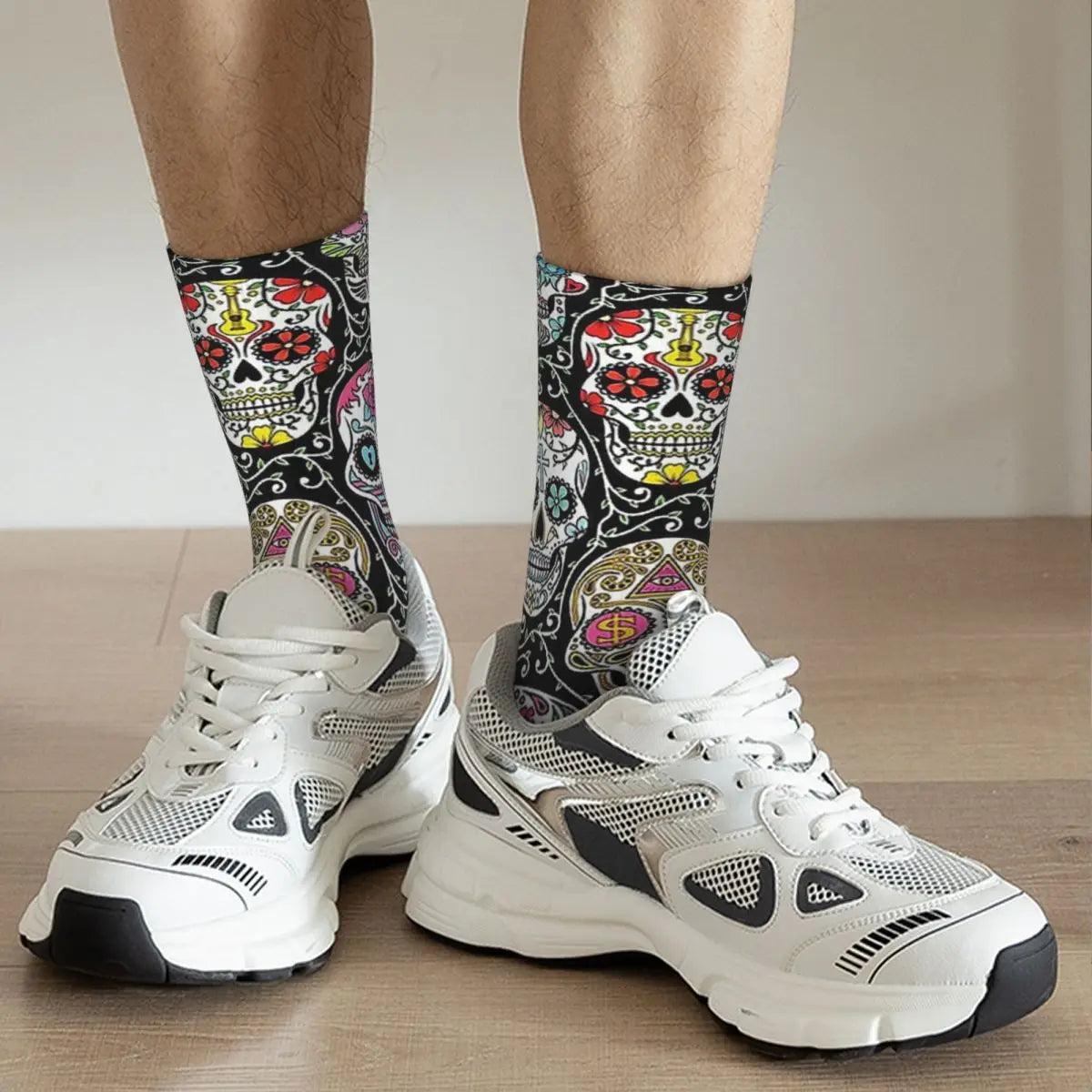 Funny Men’s Socks – Mexican Skull Vintage Harajuku Skeleton Hip Hop Crew Socks with Printed Pattern