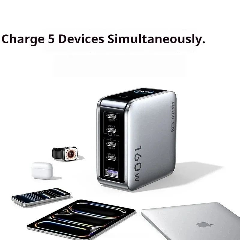 UGREEN GaN 160W Fast Charger - 5 Port USB-C/A PD3.1 Power Adapter with Smart Display for iPhone 17 Tablets & Laptops