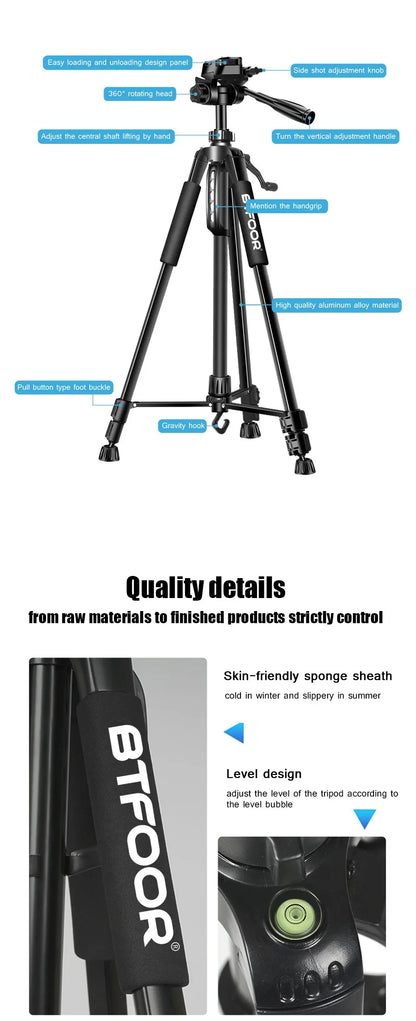 55" Aluminum Phone & Camera Tripod — Travel Self-Stand with Quick Plate Mount & Pan Head for Canon, Nikon DSLR & SLR Cameras