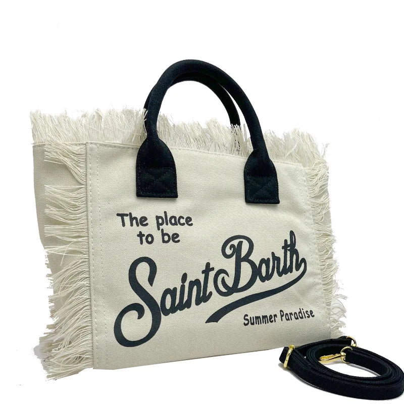 SAINT BARTH Houndstooth Crossbody Bag – Small Cotton Linen Handmade Tote with Tassels for Women