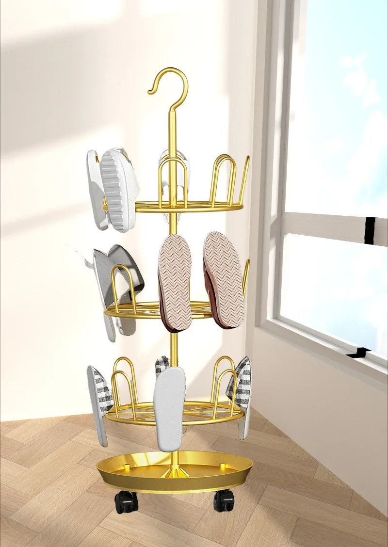 Drying Shoe Rack with Drain Plate – Floor-to-Ceiling Rotating Shoe & Slipper Hanger, Balcony Storage Shelf Organizer