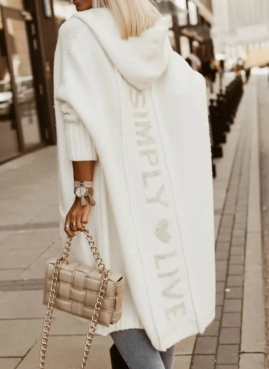 2023 Autumn/Winter Sweater Cardigan – Lapel Hooded Long Knit Coat with Letter Design, Loose Fit for Women