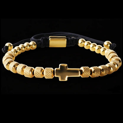 Cross Charm Beaded Bracelet - Stainless Steel Handmade Prayer Chain Jewelry Gift for Men & Women
