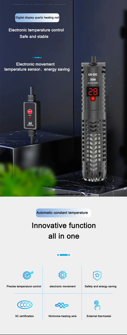 25W-300W Fish Tank Aquarium Heating Rod - Quartz Glass with Digital Display & Automatic Thermostat for Aquariums
