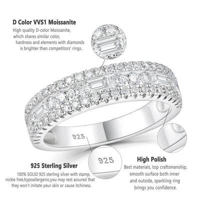 Newshe Moissanite Wedding Band for Women — Wide 925 Sterling Silver Promise & Engagement Ring with Round or Emerald Cut Simulated Diamond
