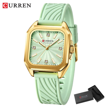 CURREN Square Women’s Quartz Watch - Casual Silicone Strap Fashion Wristwatch with Gift Box