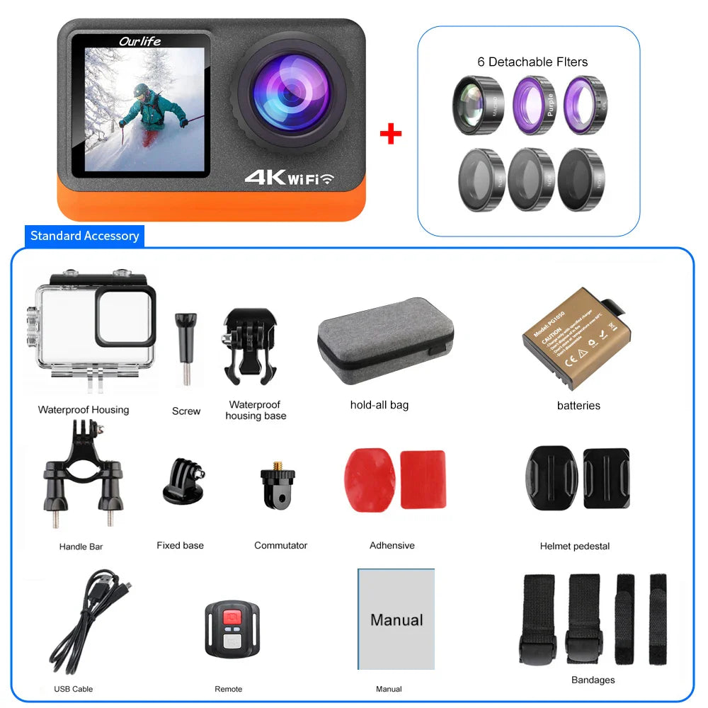 Ourlife 4K 60FPS Action Camera – 24MP WiFi Sports Camera with 2.0” Touch IPS Screen, 170° Wide Angle, EIS Stabilization, 30M Waterproof Case & 4X Zoom for Helmet & Outdoor Recording