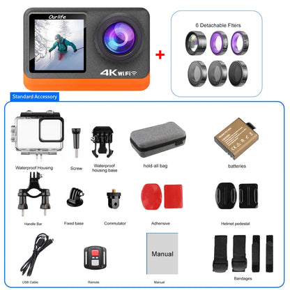 Ourlife 4K 60FPS Action Camera – 24MP WiFi Sports Camera with 2.0” Touch IPS Screen, 170° Wide Angle, EIS Stabilization, 30M Waterproof Case & 4X Zoom for Helmet & Outdoor Recording