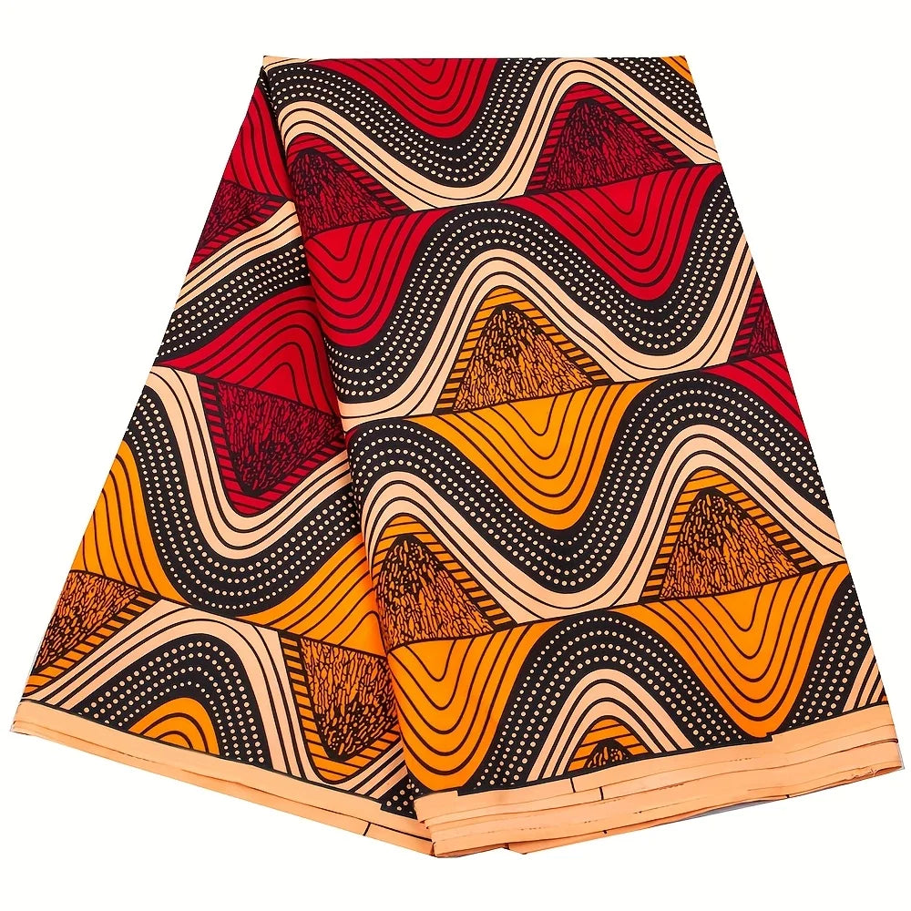 6 Yards African Ankara Batik Fabric - Red Yellow Geometric Wave Polyester Sewing Material