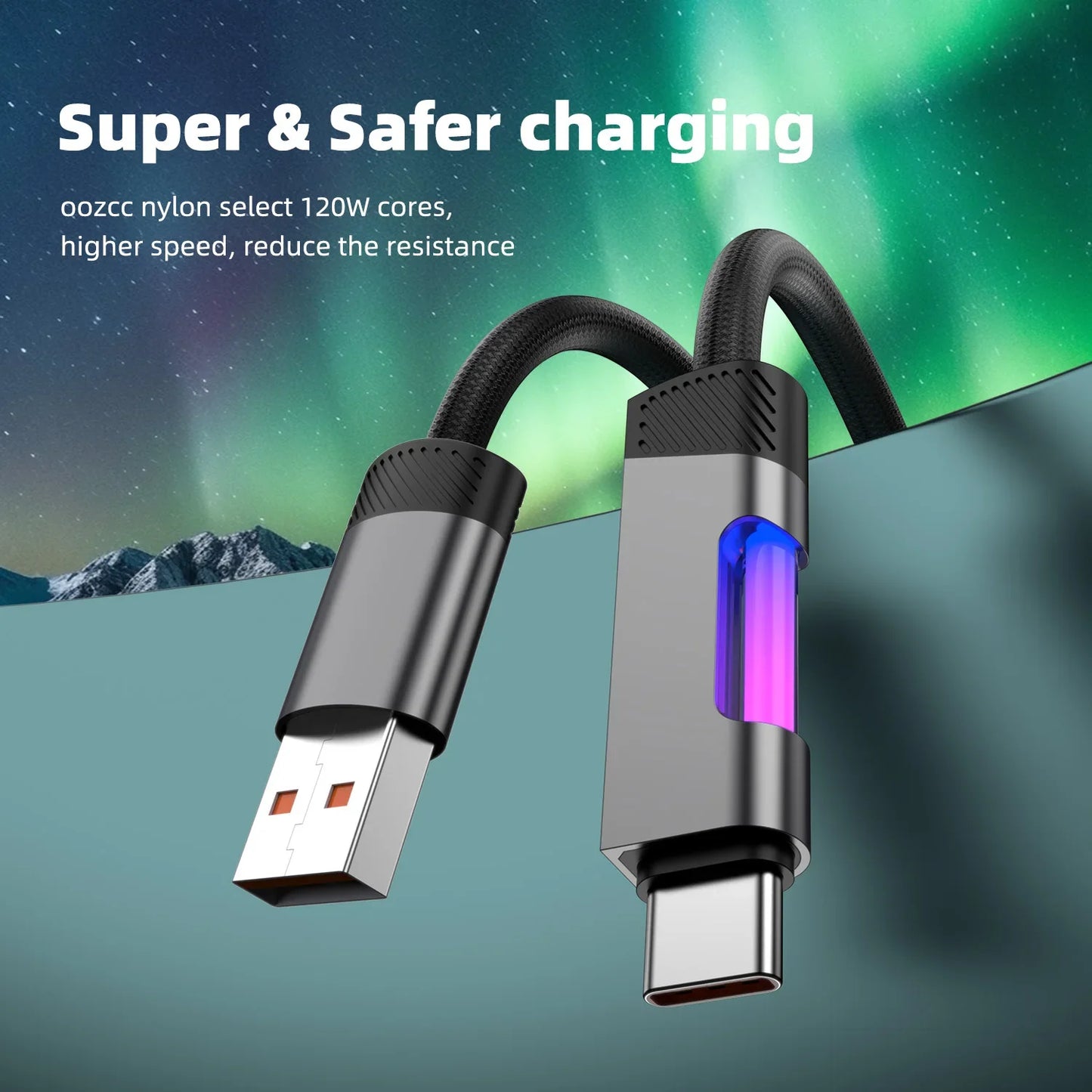RGB Fast Charging Cable 120W 6A – USB Type-C Charge Cord with Ambient RGB Light