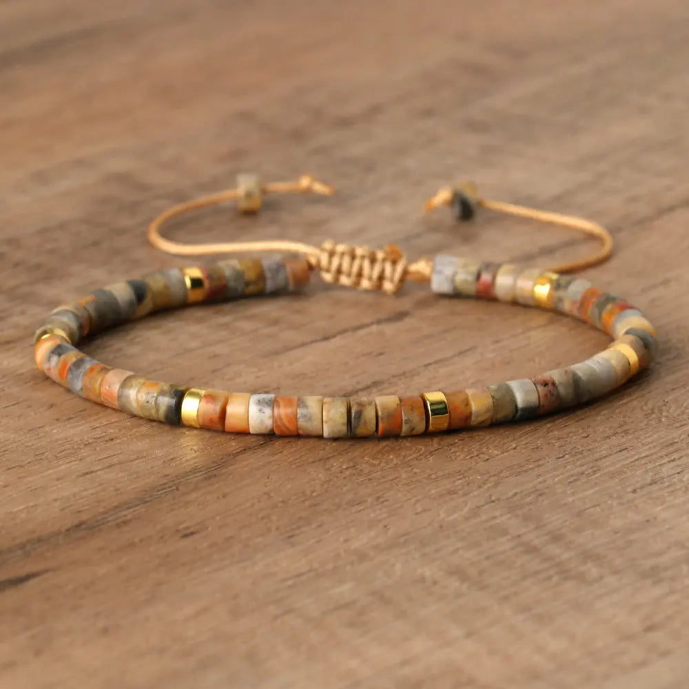 Natural Blue Emperor Stone Beaded Bracelet – Polished Block Beads, Adjustable Woven Rope Women’s Gift Jewelry