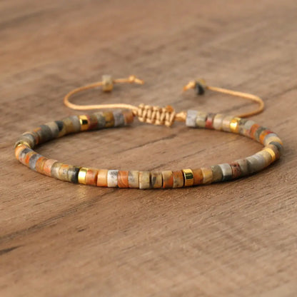 Natural Blue Emperor Stone Beaded Bracelet – Polished Block Beads, Adjustable Woven Rope Women’s Gift Jewelry