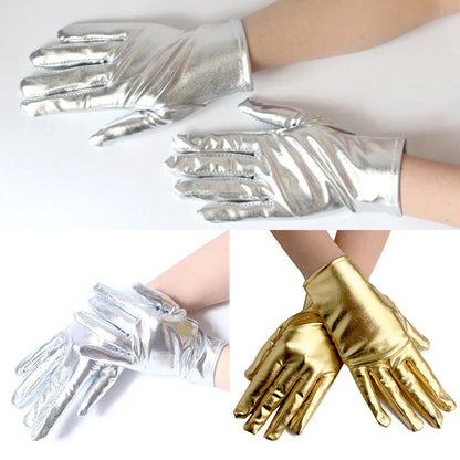 Gold Silver Metallic Faux Leather Short Gloves – Sexy Wet Look Party, Evening & Performance Mittens Handwear