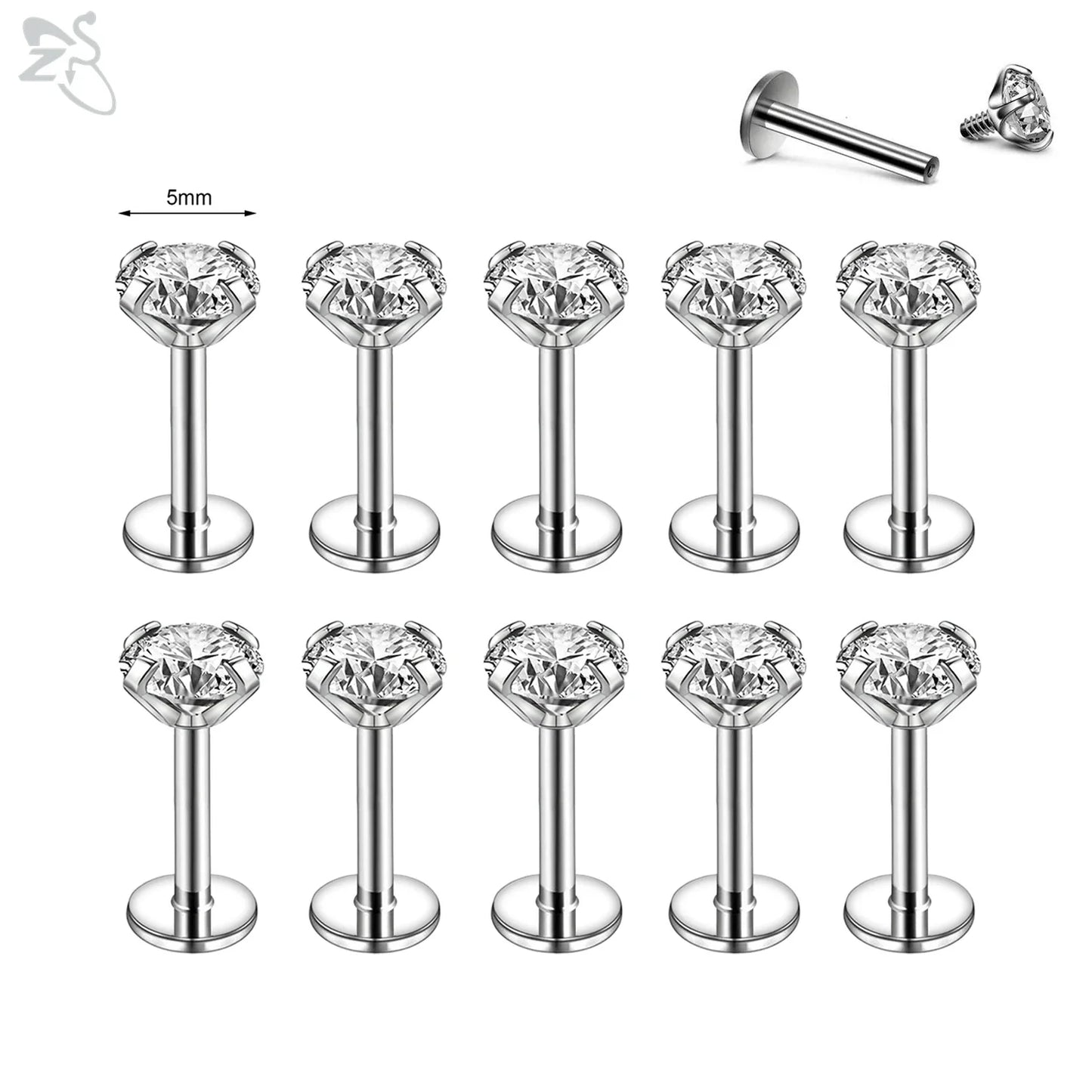 AOEDEJ 10PCS Gold Stainless Steel Labret Lip Studs – 16/18G CZ Crystal Helix, Cartilage & Tragus Piercings (2–6mm)