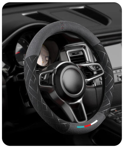Universal Cowhide Suede Steering Wheel Cover — Breathable 37-38cm Car Accessory Wrap